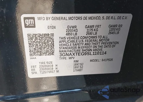 2025 Chevrolet Equinox Awd Rs из США, поврежденный, VIN 3GNAXTEG9SL110114